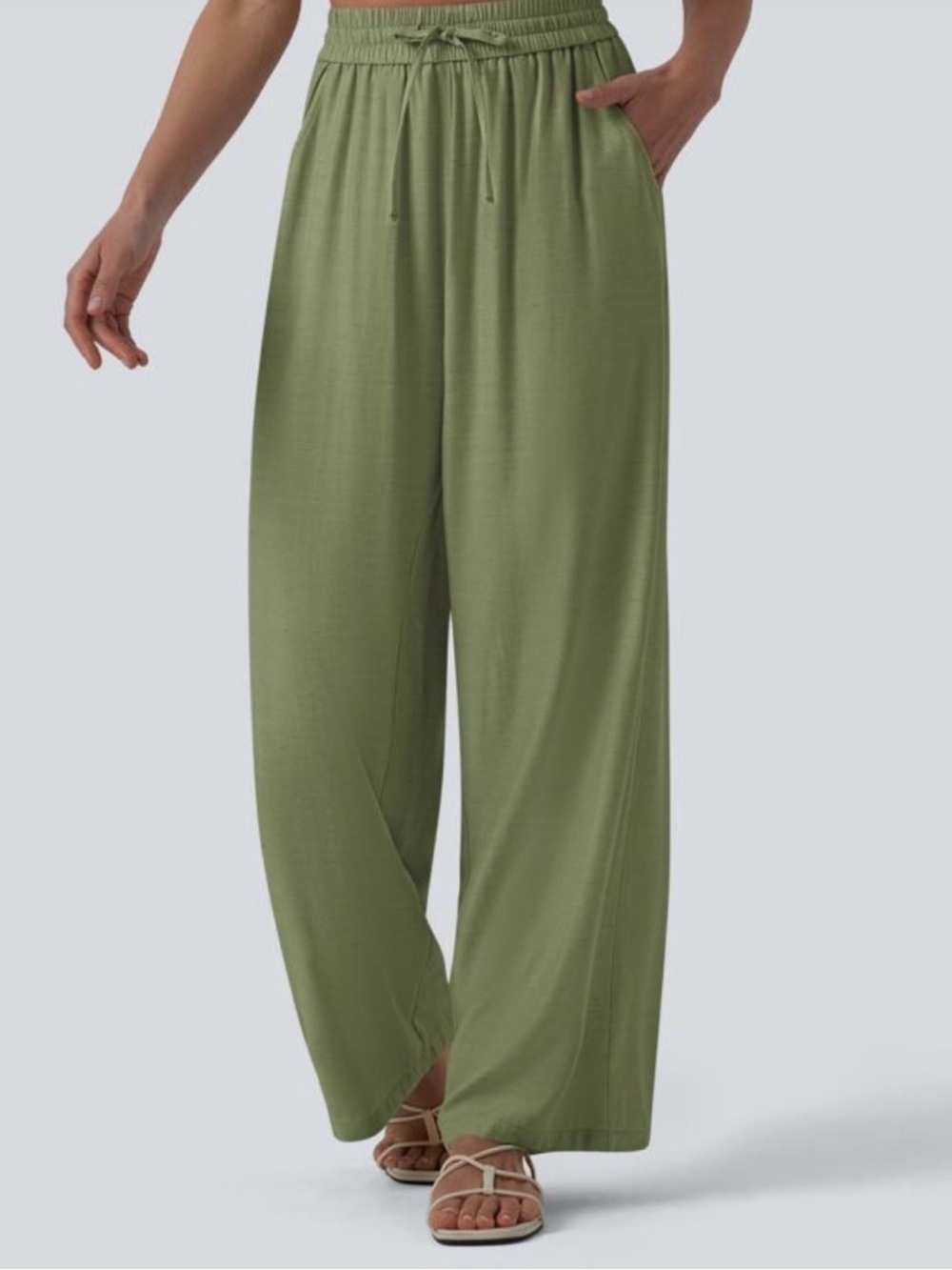NWT HALARA womens Wide Leg Drawstring linen pants  in Olive
